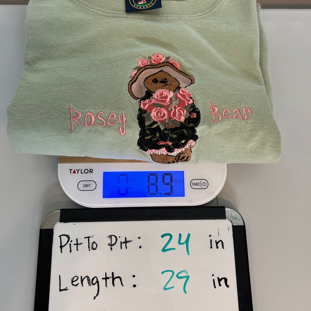 VTG Rosey‎ Bear Embroidered T Shirt Womens XL Green Short Sleeve Posy Bear Top - Picture 12 of 12